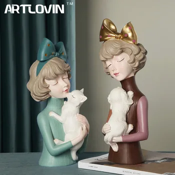Новейшая шпилька с бантом, статуэтки для девочек, Женщина держит Котенка и собаку, Скульптуры для домашнего декора, поделки, украшения для гостиной, Мода
