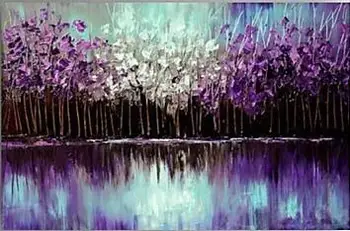 Ручная роспись, современный абстрактный нож, палитра, растительное масло, холст, ручная работа, фиолетовое дерево в реке, декоративный дом
