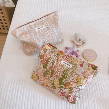 Женская косметичка из холщовой ткани, Дамский Клатч, Свежие сумки для макияжа с цветочным рисунком, Дорожный Органайзер для гигиенических салфеток, сумка для хранения