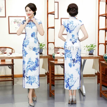 Длинный Китайский Классический Сине-белый Фарфоровый Чонсам, Элегантное платье в стиле ретро, большие Размеры 4Xl, Ципао