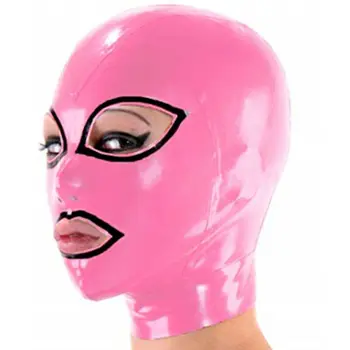 Розовый латексный капюшон с черной отделкой, резиновая маска на молнии сзади для красивой девушки