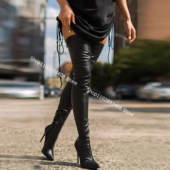 Черные Эластичные сапоги с острым носком, с боковой молнией, на Однотонном каблуке-шпильке, Пикантные Женские Осенние Модные сапоги до колена 2023, Zapatos Para Mujere