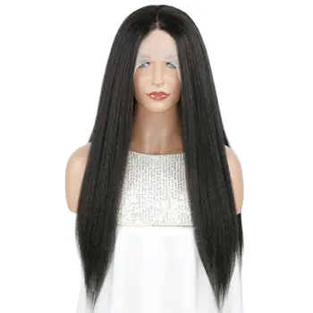 BCHR Т-образный кружевной парик Yaki, Прямой черный Кружевной парик спереди, Натуральная линия роста волос, термостойкие синтетические парики для женщин