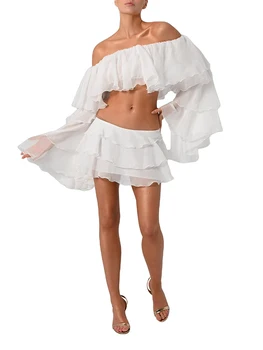 Модный Женский топ без рукавов с цветочной бахромой и мини-юбка с высокой талией и рюшами в комплекте