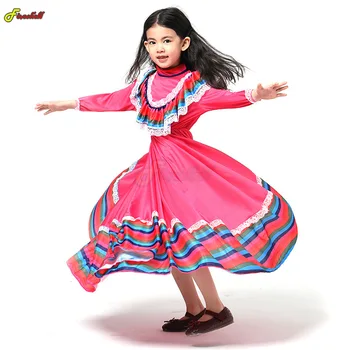 Косплей для девочек, Традиционное народное мексиканское кружевное красное платье, костюм народной танцовщицы из Гвадалахары, Мексика, Детское Нарядное длинное платье