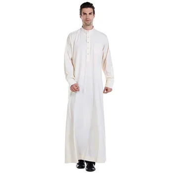 Мужская Мусульманская Мода Jubba Thobe С Длинным Рукавом, Однотонные Дышащие Халаты 2023, Воротник-стойка, Исламский Арабский Кафтан, Мужская Абая