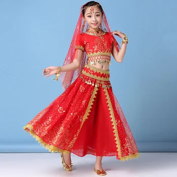 Одежда для танцев, детский костюм для танца живота в Болливуде, комплект одежды с индийскими цветами для девочек, 5 шт. (топ, пояс, юбка, головной убор с вуалью)