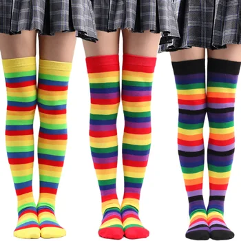 Новые эластичные хлопковые женские чулки для выступлений на сцене Ярких цветов в радужную полоску, спортивные длинные носки в стиле ретро Харадзюку