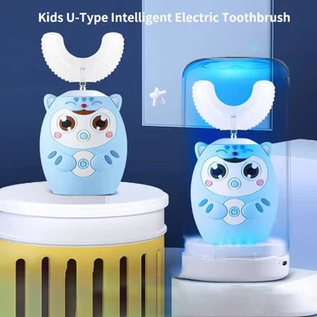 360 ° Детская Автоматическая Электрическая Зубная щетка с U-образным мультяшным рисунком для детей, 6 режимов очистки, звуковая зубная щетка с синей подсветкой