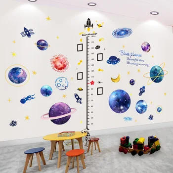 [shijuekongjian] Наклейки на стену с Измерением высоты, Сделай Сам, Мультяшные Планеты, Космический корабль, Наклейки на Стены для Детских Комнат, Украшение Детской Спальни