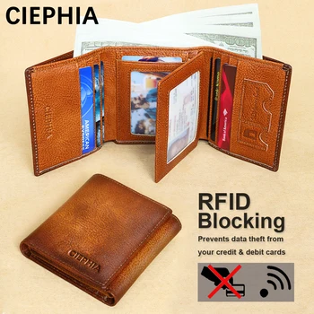 Мужской кошелек из натуральной кожи в три складки, сложенный ID с RFID-блокировкой, Винтажный многофункциональный кошелек для кредитных карт, сумки для денег, подарки