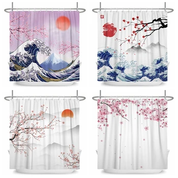 Великая волна, Японская океанская волна, занавески для душа, Гора Фудзи, вишневые цветы, Ванная комната, Водонепроницаемая полиэфирная занавеска для ванны, декор