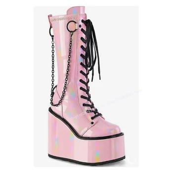 Розовые сапоги в западном стиле с цепочкой на толстом каблуке, танкетке, на шнуровке, с круглым носком, до середины икры, Водонепроницаемая Женская обувь в новом стиле Zapatillas Mujer