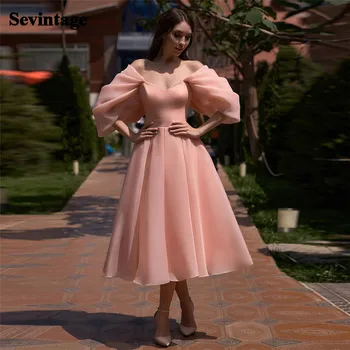 Sevintage Элегантные розовые платья для выпускного вечера с открытыми плечами, платье для выпускного вечера из органзы со складками и рюшами Чайной длины