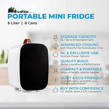 Роскошный Мини-холодильник-охладитель На 6 литров / 8 банок с переменным током и эксклюзивным USB-питанием Маленький Портативный Холодильник Для офиса, Спальни, Калифорнии