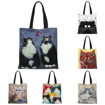 Сумка-тоут с рисунком кота из мультфильма для женщин, холщовая сумка на плечо, женская дизайнерская сумка для отдыха, Складная сумка для покупок, дорожная сумка для хранения, сумочка