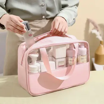 2023 Модная Прозрачная сумка для мытья макияжа, ручная Полиуретановая водонепроницаемая сумка для хранения большой емкости, косметички для сращивания ПВХ