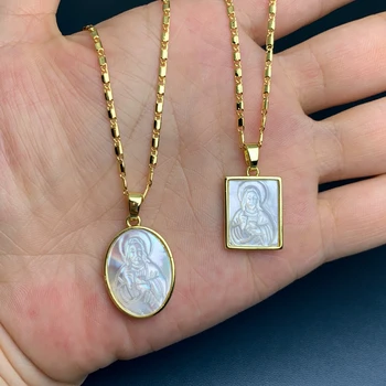 Ожерелье Святого Иисуса Женщины Мужчины Квадратный Овальный Натуральный Белый Перламутровый кулон в виде ракушки На шею Религиозные Священные украшения