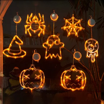 Светодиодная атмосферная лампа в виде Тыквы на Хэллоуин, Паук, Летучая мышь, Призрак, крышка для глаз, паутина, декоративная лампа, струнная присоска, Цветная лампа