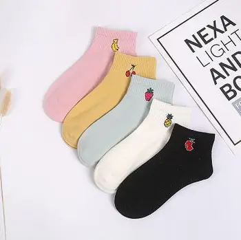 Новые Милые носки с Мультяшными фруктами Женские Хлопчатобумажные носки Японские Короткие носки на щиколотке с вышивкой 5 пар лот