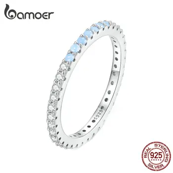 Bamoer, серебро 925 пробы, Синее простое кольцо на палец, наращиваемые кольца Вечности для женщин, подарочные ювелирные изделия с платиновым покрытием BSR335