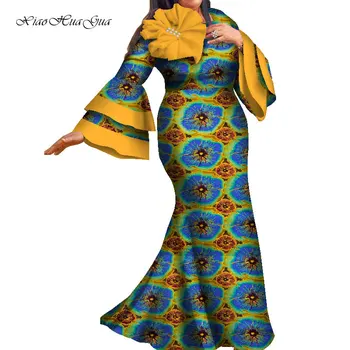 Африканские платья для женщин, платье Bazin Ankara, Платье Дашики с расклешенными рукавами и принтом в африканском стиле, Длинное Женское платье Больших размеров, WY7929