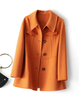 Новое женское пальто из чистой шерсти, женское пальто в обычном стиле, воротник-поло, однотонная двусторонняя шерстяная модная повседневная куртка, топ
