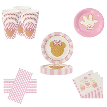 Набор одноразовой посуды для вечеринки в честь 1-го дня рождения Disney Pink с Минни Маус, украшение для любимой вечеринки для маленьких девочек