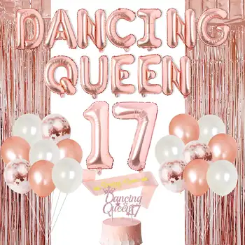 Розовое Золото Танцующая Королева 17th Birthday Party Украшение для Девочки с Танцующей Королевой 17 Воздушных Шаров Баннер Из Фольги Розового Золота Занавес