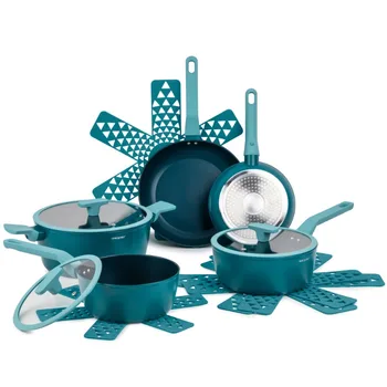 Посуда с антипригарным покрытием Thyme & Table Eden, набор из 12 предметов, Павлинья синева
