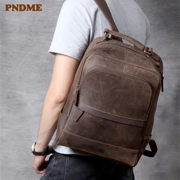 PNDME винтажный мужской большой компьютерный рюкзак из воловьей кожи crazy horse, высококачественный роскошный рюкзак из натуральной кожи для ежедневных путешествий на открытом воздухе