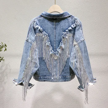 Женская джинсовая куртка с дырками 2023, весенне-осенняя мода, блестки, кисточки, свободное джинсовое пальто, укороченный топ