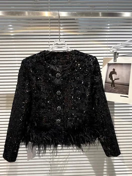 Хай-СТРИТ, Новейшая F/W 2022, Дизайнерская Модная Женская куртка из твида, украшенная пером и блестками