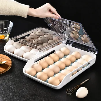 Коробка для яиц, пластиковая прозрачная автоматическая накладка с крышкой, бытовой держатель для яиц, отделочный ящик для хранения яиц в холодильнике