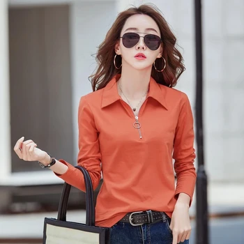 Весенне-осенняя новая рубашка поло, женская корейская версия леггинсов из 95 хлопка с длинными рукавами и отворотами, профессиональная тонкая футболка