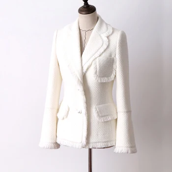 Белая твидовая куртка, осенне-зимняя женская куртка, новое шерстяное женское пальто с рукавом-трубой, куртка