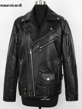 Демисезонная черная байкерская куртка из искусственной кожи для мужчин, стиль 2023, Длинная молния, большие размеры, Модная мужская одежда 5xl