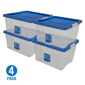 Прозрачный Пластиковый контейнер для хранения на 68 литров с защелкой, Набор из 4 штук, Прозрачный с синей крышкой