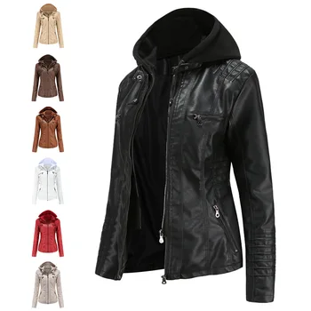 Новые весенне-осенние куртки из искусственной кожи с капюшоном, съемная куртка из двух частей, кожаное пальто, Женская верхняя одежда, топы