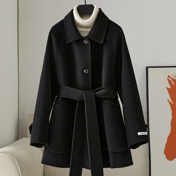 Двустороннее кашемировое пальто, женское короткое, маленькое, Осень/Зима 2022, Новое шерстяное пальто высокого качества из 100 шерсти на шнуровке