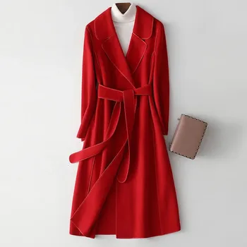 Женское пальто, Осенне-зимняя двусторонняя Шерстяная куртка средней длины, Однотонный карман на шнуровке с Лацканами, Высококачественная Женская одежда M384