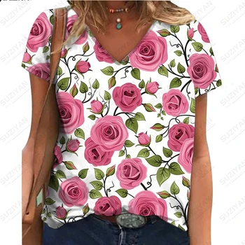 Женская летняя Новая модная красочная футболка с фрагментированным 3D принтом с коротким рукавом, Женский Топ с V-образным вырезом для отдыха на Работу, пляжный Стиль