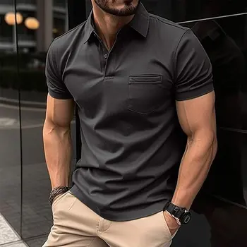 Летняя мужская повседневная рубашка поло с короткими рукавами и карманом, модная офисная футболка с отворотом, мужская дышащая рубашка Поло, мужская одежда