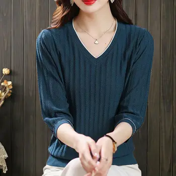 Корейская модная Женская трикотажная футболка, Весна-лето, базовая женская одежда, короткий рукав, однотонный повседневный пуловер с V-образным вырезом, топы