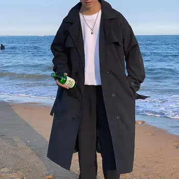 Тренч В Корейском стиле, Мужское Модное Повседневное Длинное Пальто Оверсайз, Мужская Уличная Одежда, Свободная Куртка-ветровка, Мужское Пальто M-2XL