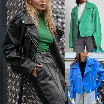 Осенне-зимнее Кожаное пальто 2023, Женская новая куртка в стиле панк с коротким поясом и отворотом в мотоциклетном стиле, топ