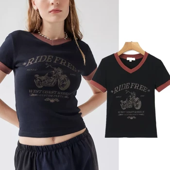 Увядшая летняя американская винтажная футболка с принтом мотоцикла 2023, контрастные топы с V-образным вырезом, женские