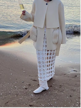Новинка 2024 года, модная женская шуба из натурального лисьего меха, Пушистые бежевые пальто цвета Хаки из натурального шерстяного меха для женщин