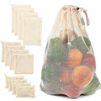 Хлопчатобумажные Сетчатые сумки для овощей Производственная сумка Многоразового Использования Хлопчатобумажная Сетчатая сумка для хранения овощей Кухонные Фрукты Овощи со шнурком
