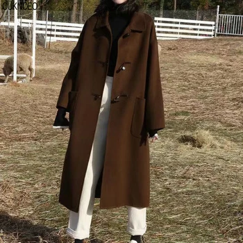 Верхнее пальто, Шерстяное пальто с длинными рукавами и роговыми пуговицами, Темпераментное Женское Длинное шерстяное пальто 2021, Осенне-зимняя новая Женская одежда